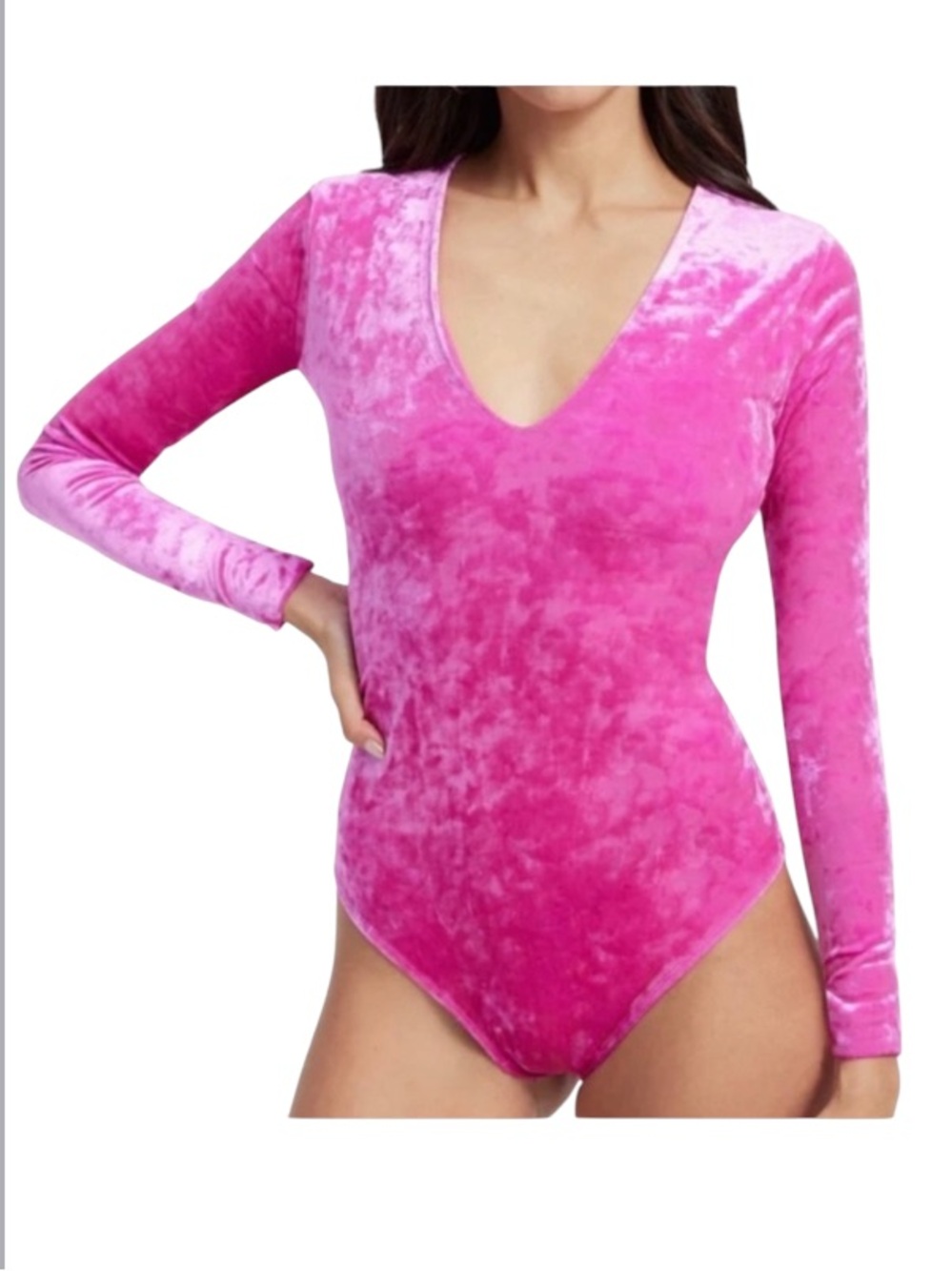 Good American Crushed Velvet Deep V Long-Sleeve Bodysuit fushia pink size M